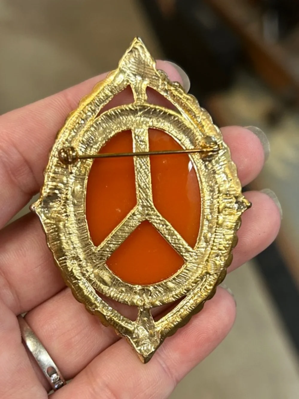 Vintage Orange & Cream Floral Cameo Brooch with Pearl Frame